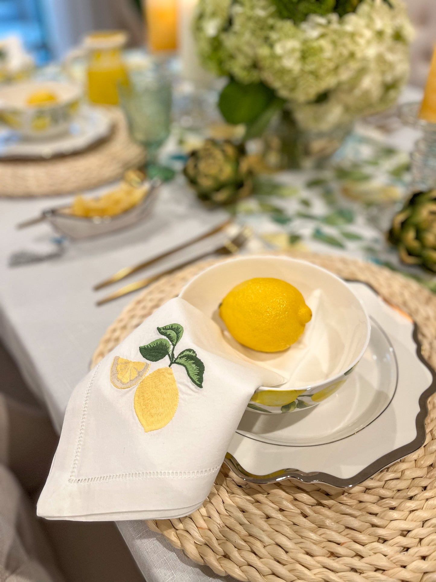 Lemon Embroidered Hemstitched Cotton Napkin - Set of 4
