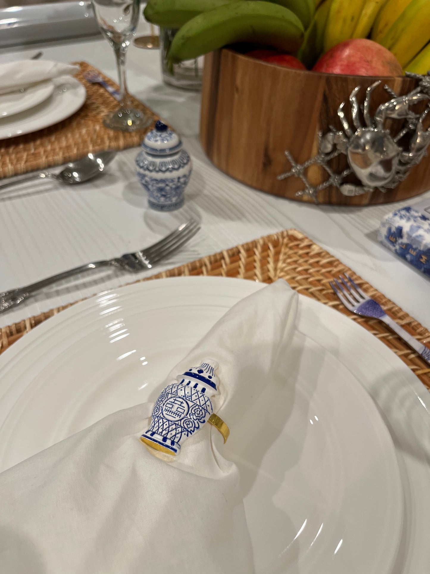 Mini Ginger Jar Napkin Ring - Blue White & Gold Ring