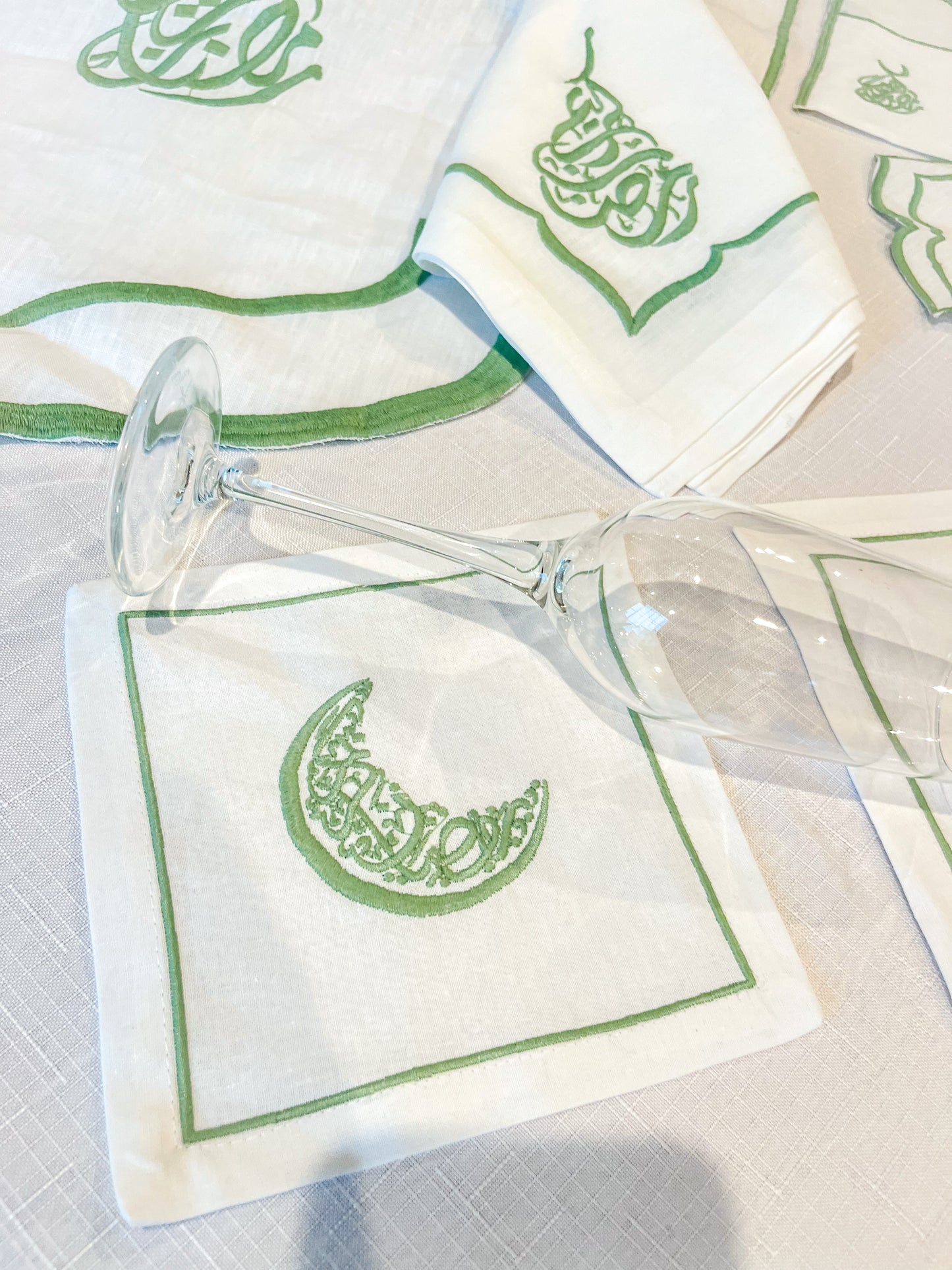 Ramadan Kareem Calligraphy & Moon Embroidery Linen Drinks Napkins - Set of 4