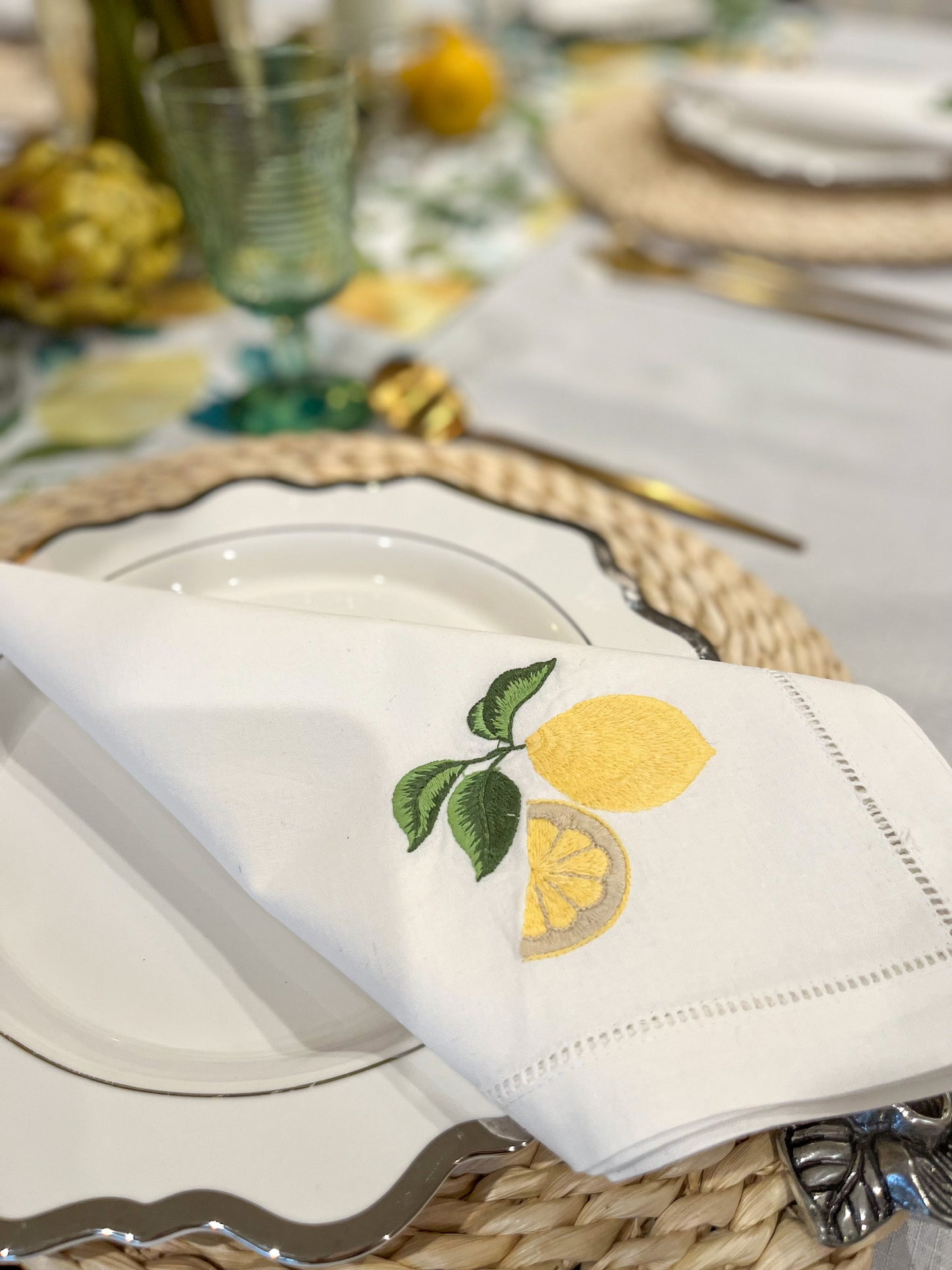 Lemon Embroidered Hemstitched Cotton Napkin - Set of 4