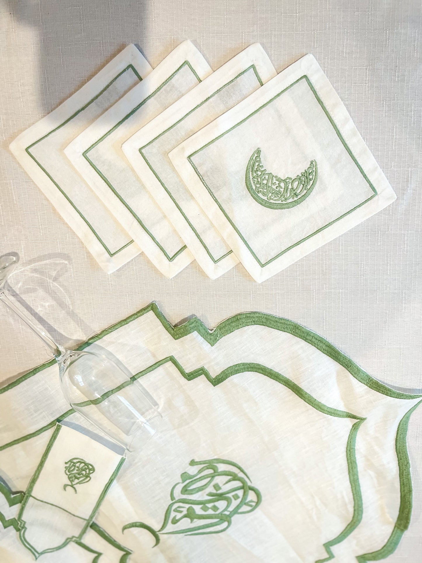 Ramadan Kareem Calligraphy & Moon Embroidery Linen Drinks Napkins - Set of 4