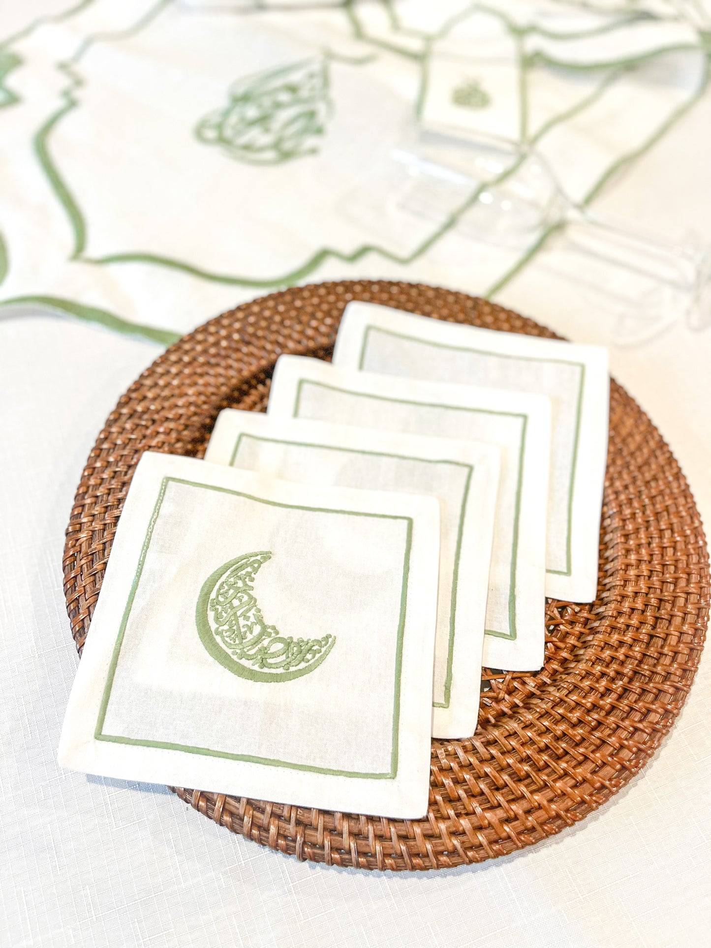 Ramadan Kareem Calligraphy & Moon Embroidery Linen Drinks Napkins - Set of 4