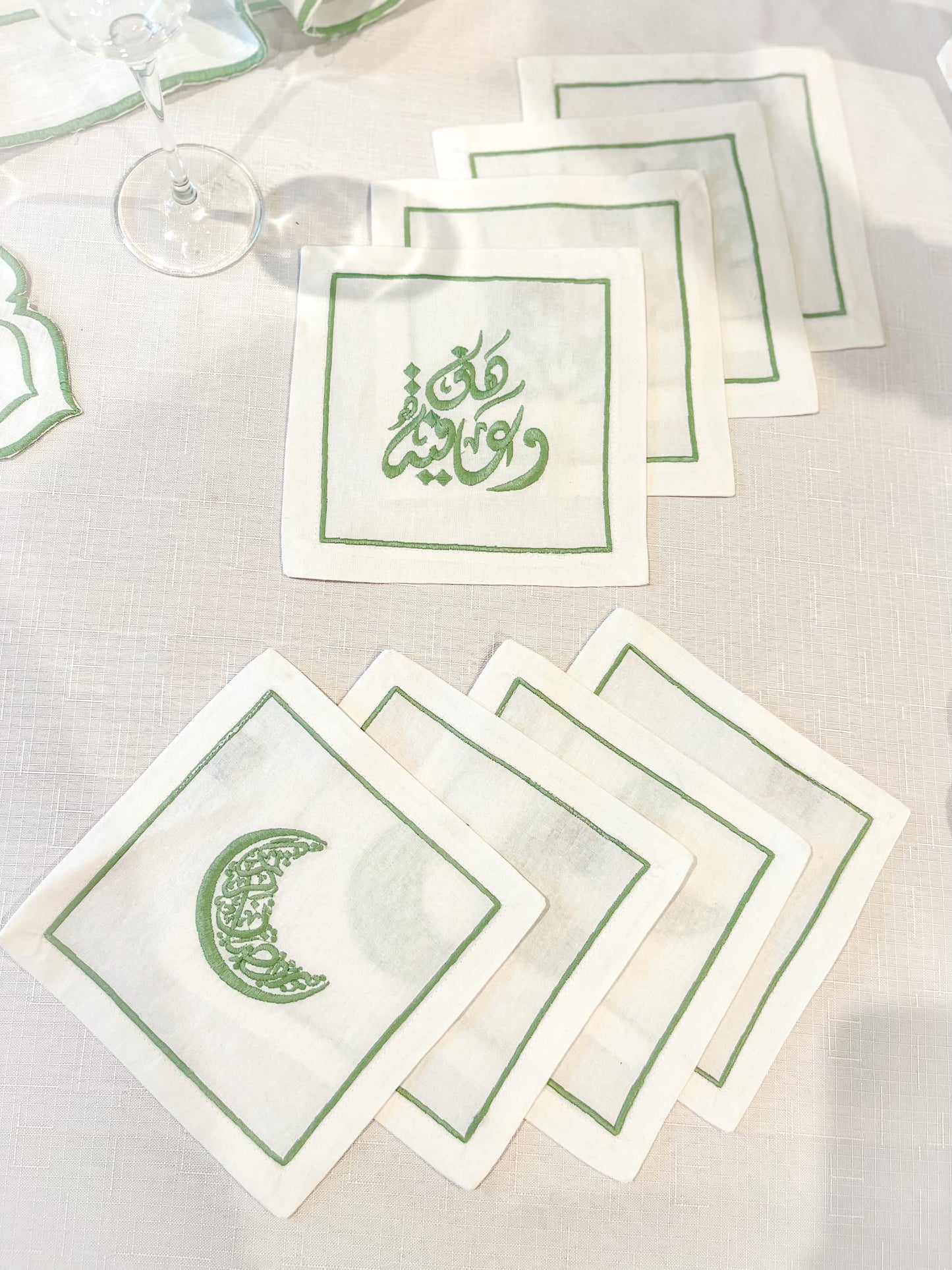 Green Hana O Afya Embroidery Linen Drinks Napkins - Set of 4