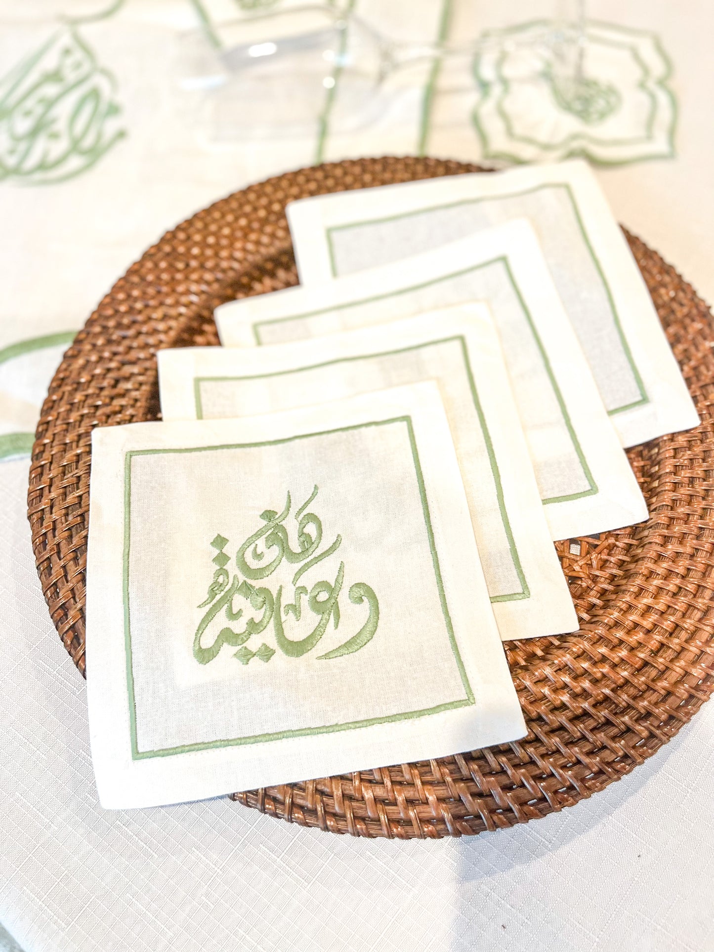 Green Hana O Afya Embroidery Linen Drinks Napkins - Set of 4