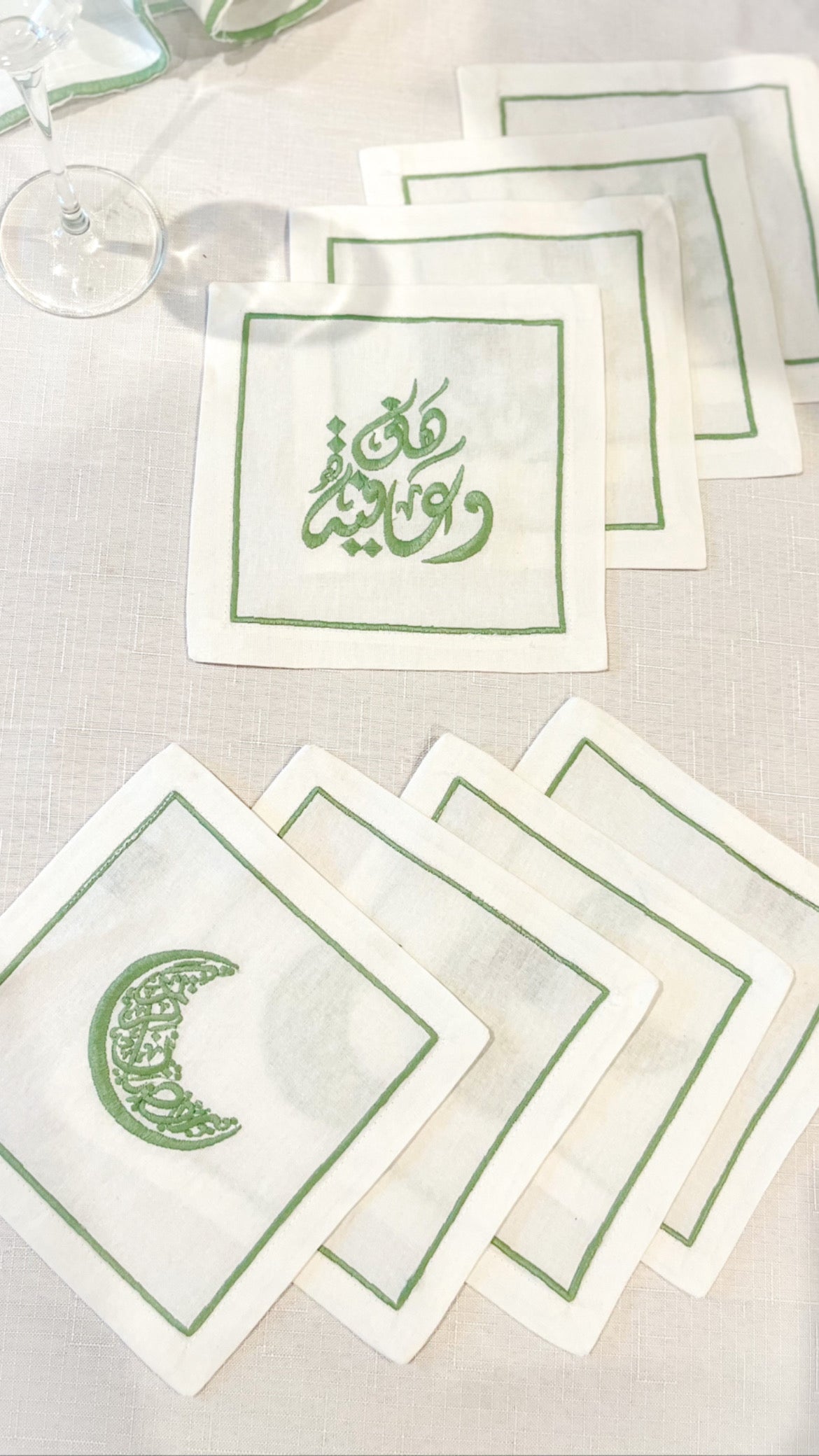 Green Hana O Afya Embroidery Linen Drinks Napkins - Set of 4