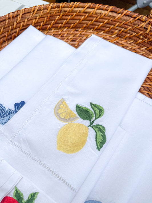 Lemon Embroidered Hemstitched Cotton Napkin - Set of 4