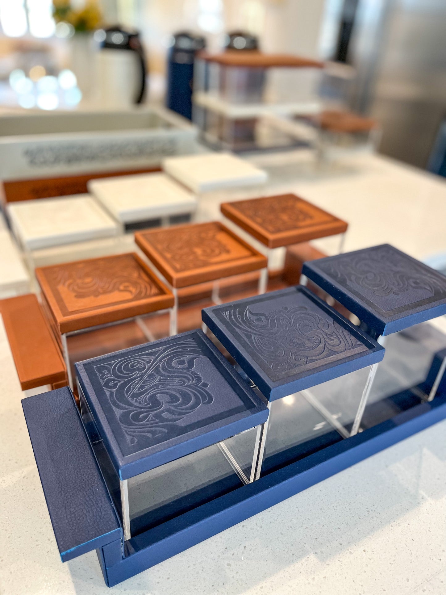 Leather Tray and Three Acrylic Nuts Canisters
