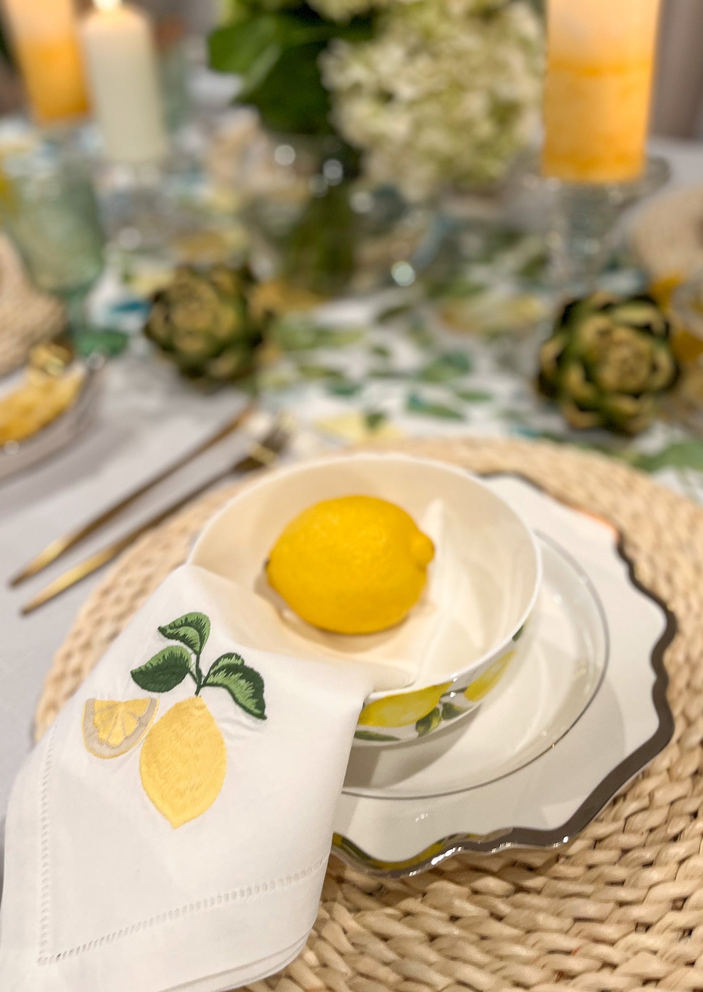 Lemon Embroidered Hemstitched Cotton Napkin - Set of 4